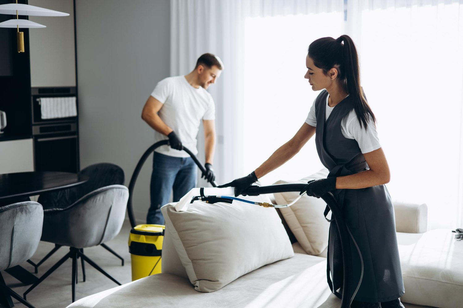 Two cleaners steam cleaning a sofa in a modern living room