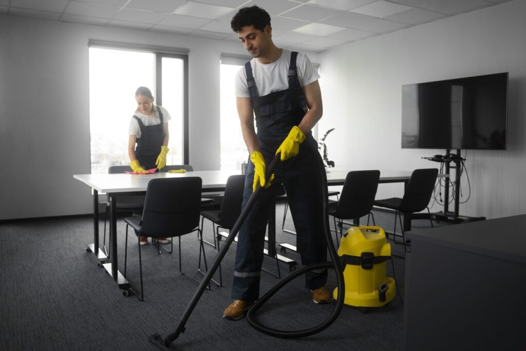 Commercial cleaning team working in an open plan office
