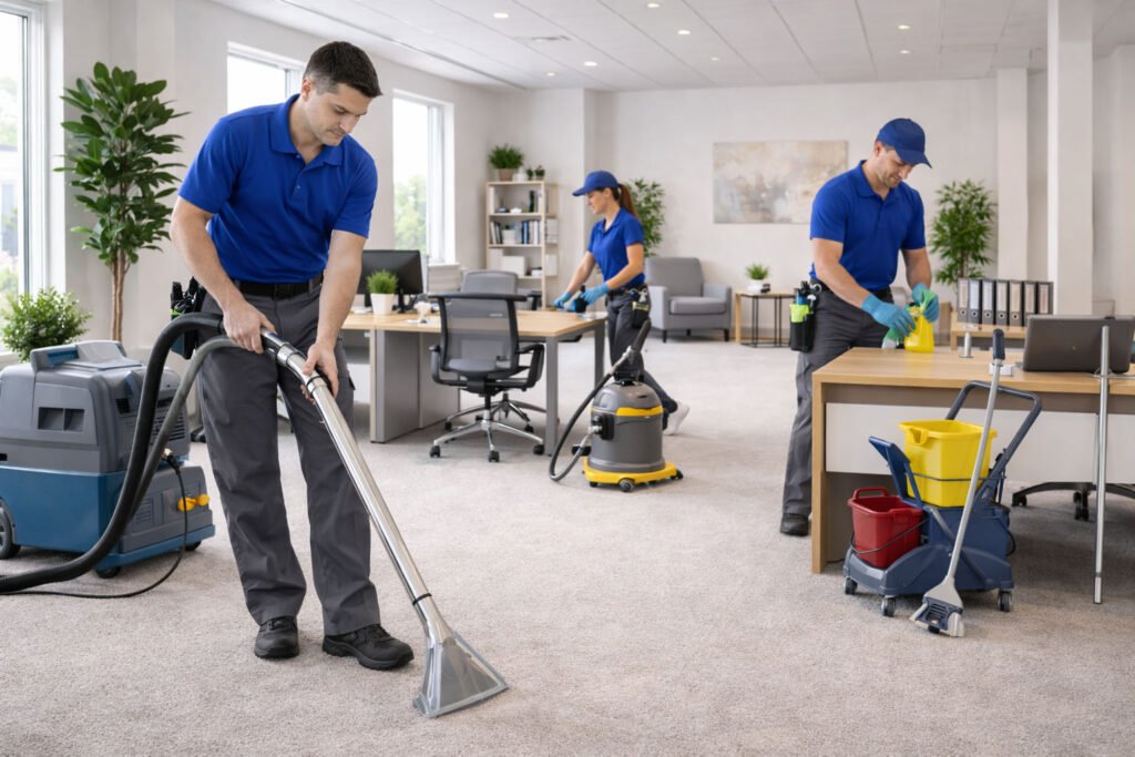 Commercial cleaning crew vacuuming and sanitizing an office