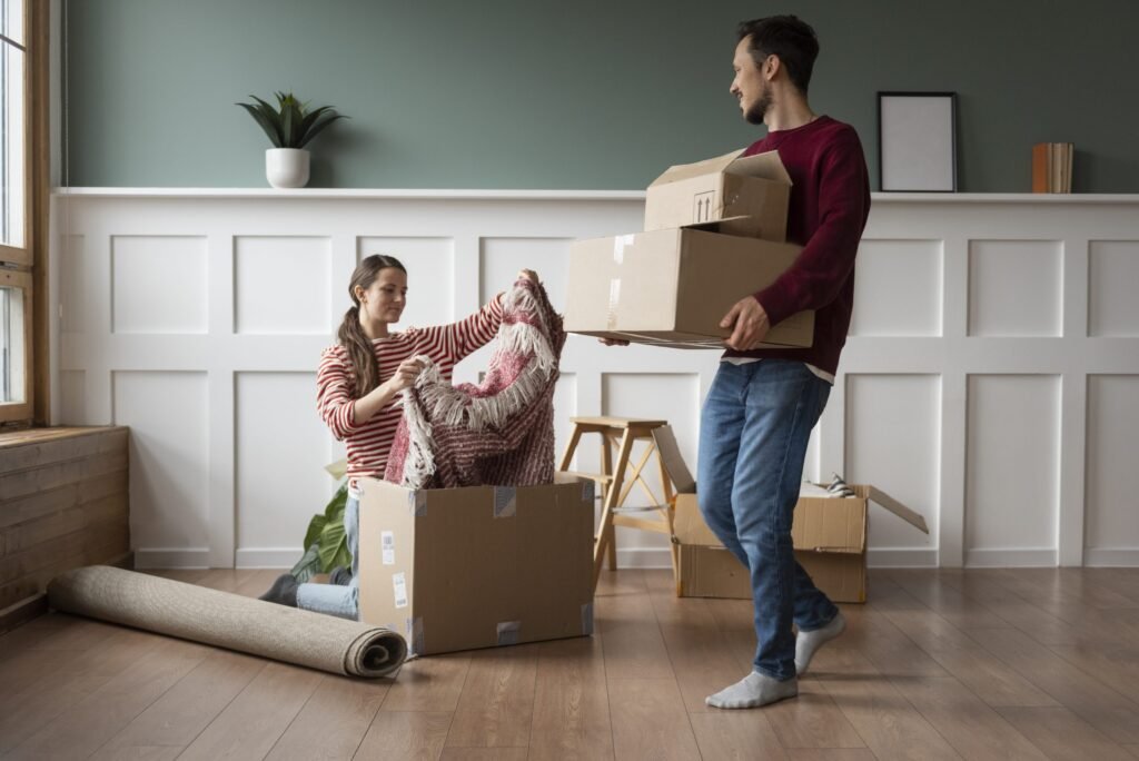Young couple unpacking boxes in their new home